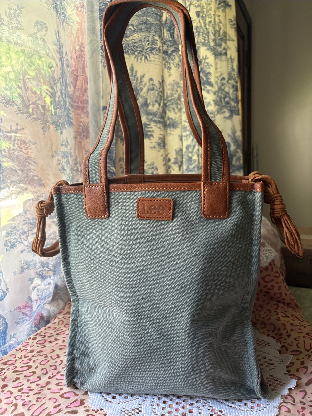 Lee Canvas Tote in Sage with Brown Trim